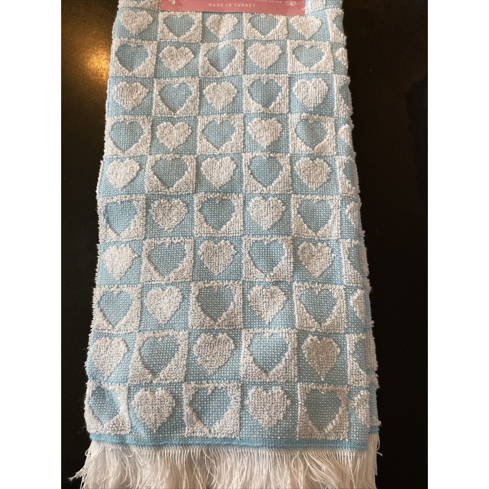Ladinne Set Of 2  Kitchen Towels 20" x 30" Blue White Hearts Turkish Cotton New